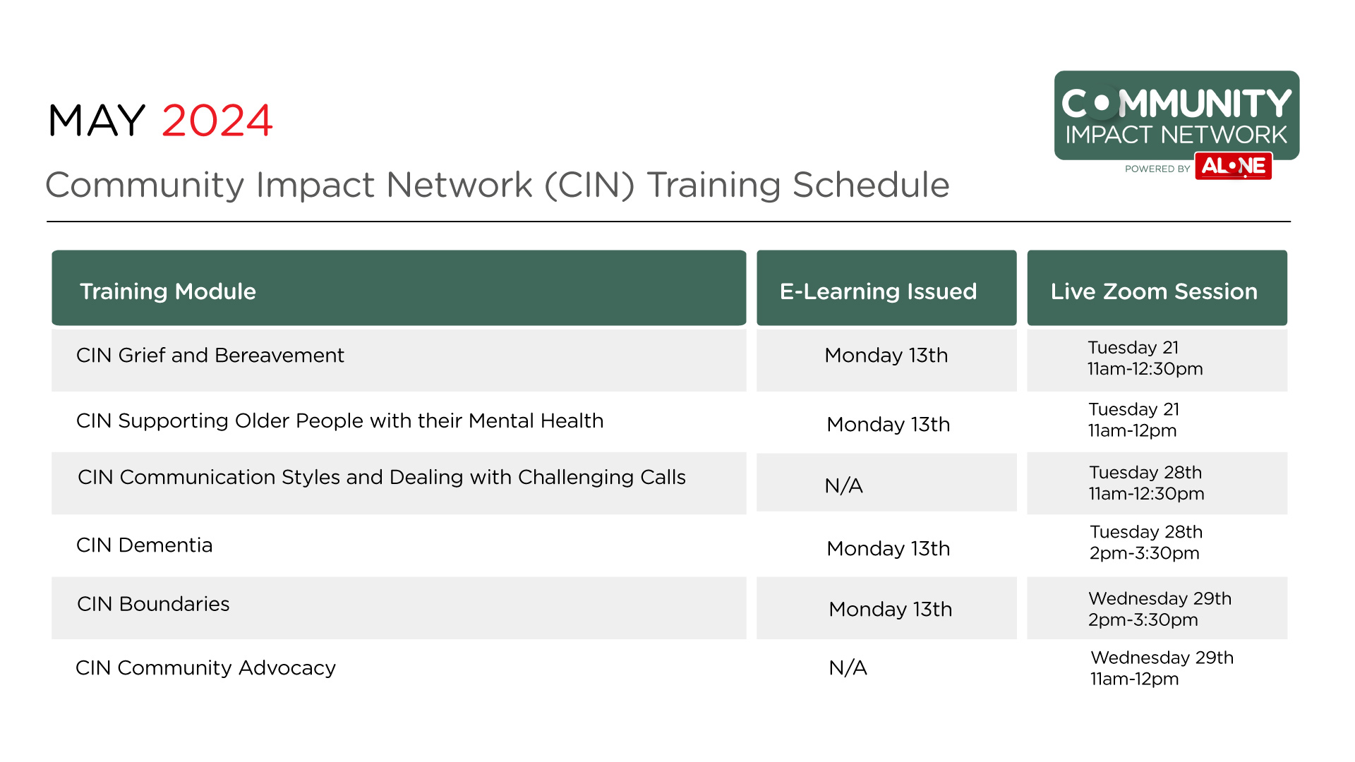 MAY 2024 Training Schedule