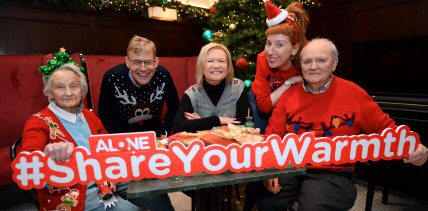 Picture of ALONE CEO Seán Moynihan, newsreader Eileen Dunne, volunteer Jennifer Keane, and Olive Boothman and John Fitzpatrick who receive support from ALONE