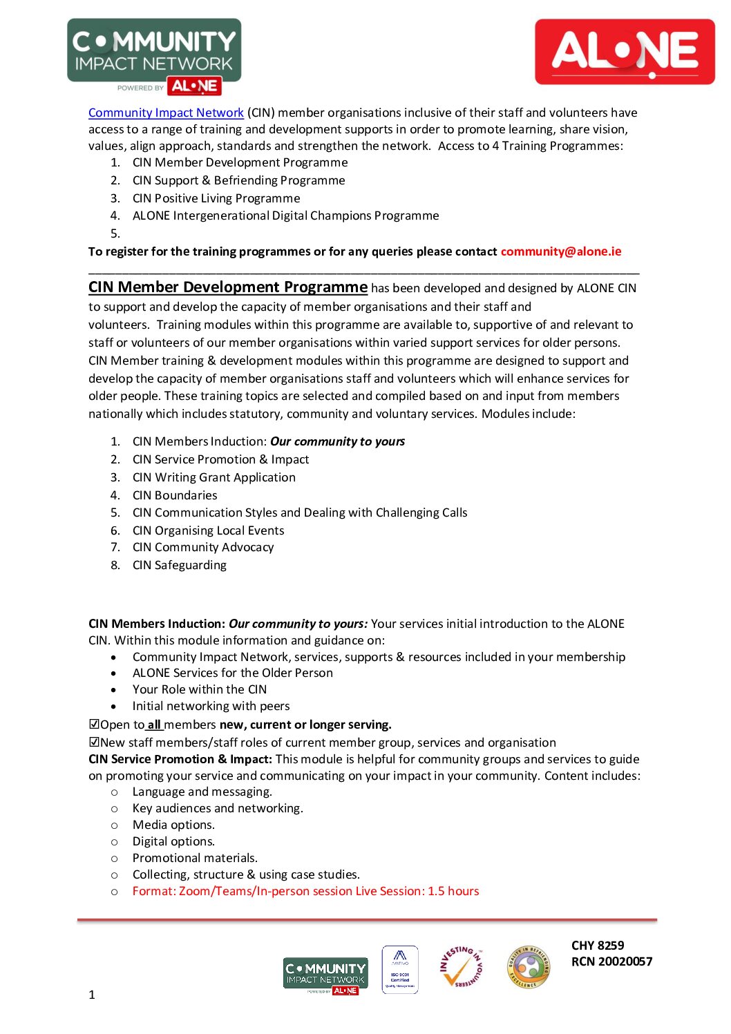 CIN Training Programmes 2025 document cover